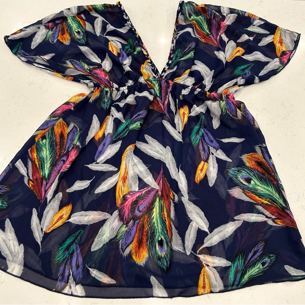 Miken Colorful Feather Print Swim Coverup
